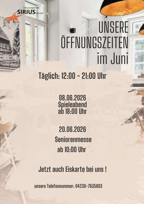 Öffnungszeiten Juni 2026